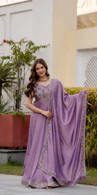 Lavender Vichitra Silk Embroider Work Gown | Gowns, Bollywood Gowns, Creative Gowns, Designer Gowns, Embroidered Gowns, Party Wear Gowns