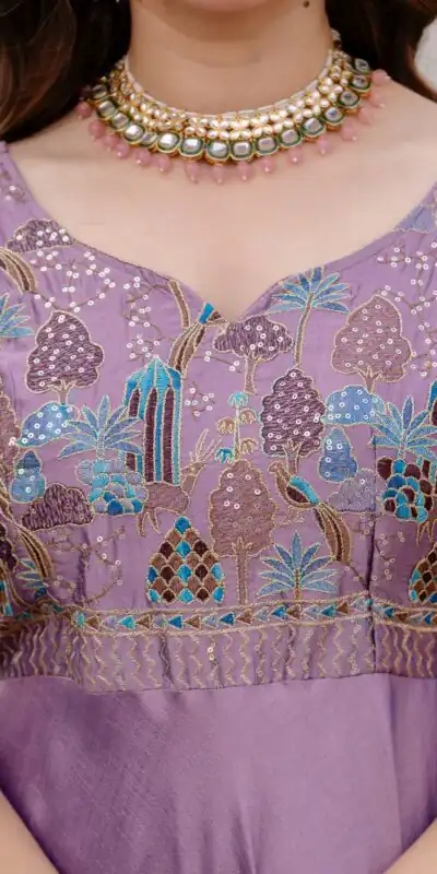 Lavender Vichitra Silk Embroider Work Gown | Gowns, Bollywood Gowns, Creative Gowns, Designer Gowns, Embroidered Gowns, Party Wear Gowns