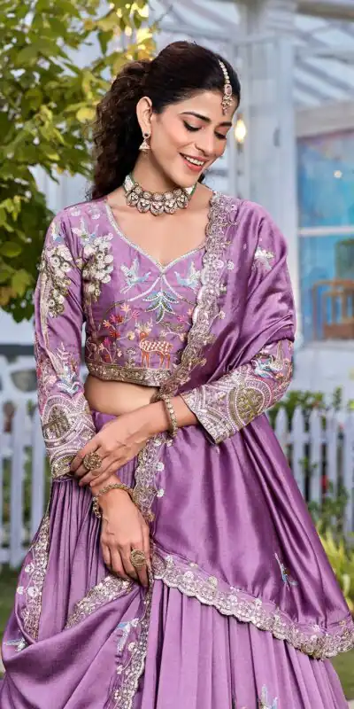 Lavender Vichitra Silk Thread Work Lehenga Choli | Lehenga, Bollywood Lehenga, Creative Lehenga, Designer Lehenga, Embroidered Lehenga, Party Wear Lehenga