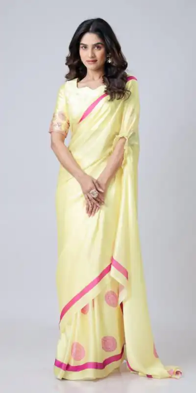 Lemon Yellow Japan Satin Digital Print Work Saree | Sarees, Bollywood Sarees, Creative Sarees, Designer Sarees, Embroidered Sarees, Ethnic Saree, Modern Digital sarees, Party Wear Sarees