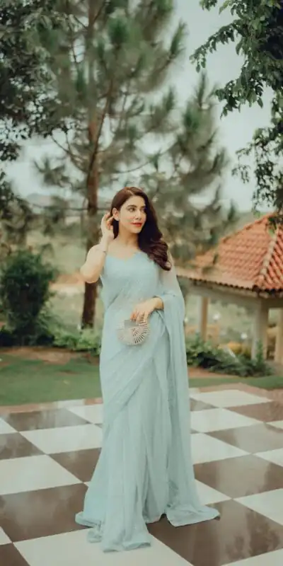 Light Blue Georgette Sirvoski Support Lace Saree | Sarees, Bollywood Sarees, Creative Sarees, Designer Sarees, Embroidered Sarees, Ethnic Saree, Modern Digital sarees, Party Wear Sarees