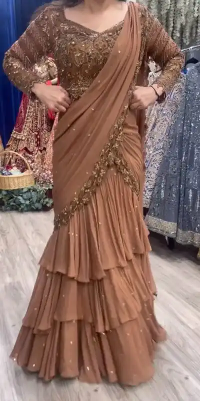 Light Brown Georgette Thread With Sequence Lehenga Choli | Lehenga, Bollywood Lehenga, Creative Lehenga, Designer Lehenga, Embroidered Lehenga, Party Wear Lehenga