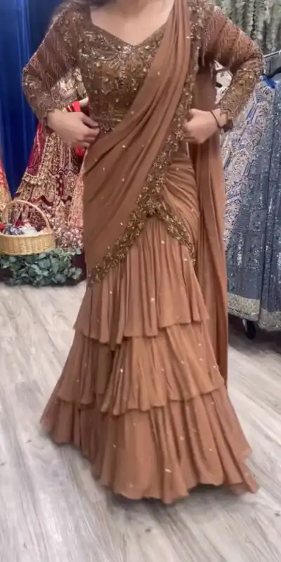 Light Brown Georgette Thread With Sequence Lehenga Choli | Lehenga, Bollywood Lehenga, Creative Lehenga, Designer Lehenga, Embroidered Lehenga, Party Wear Lehenga