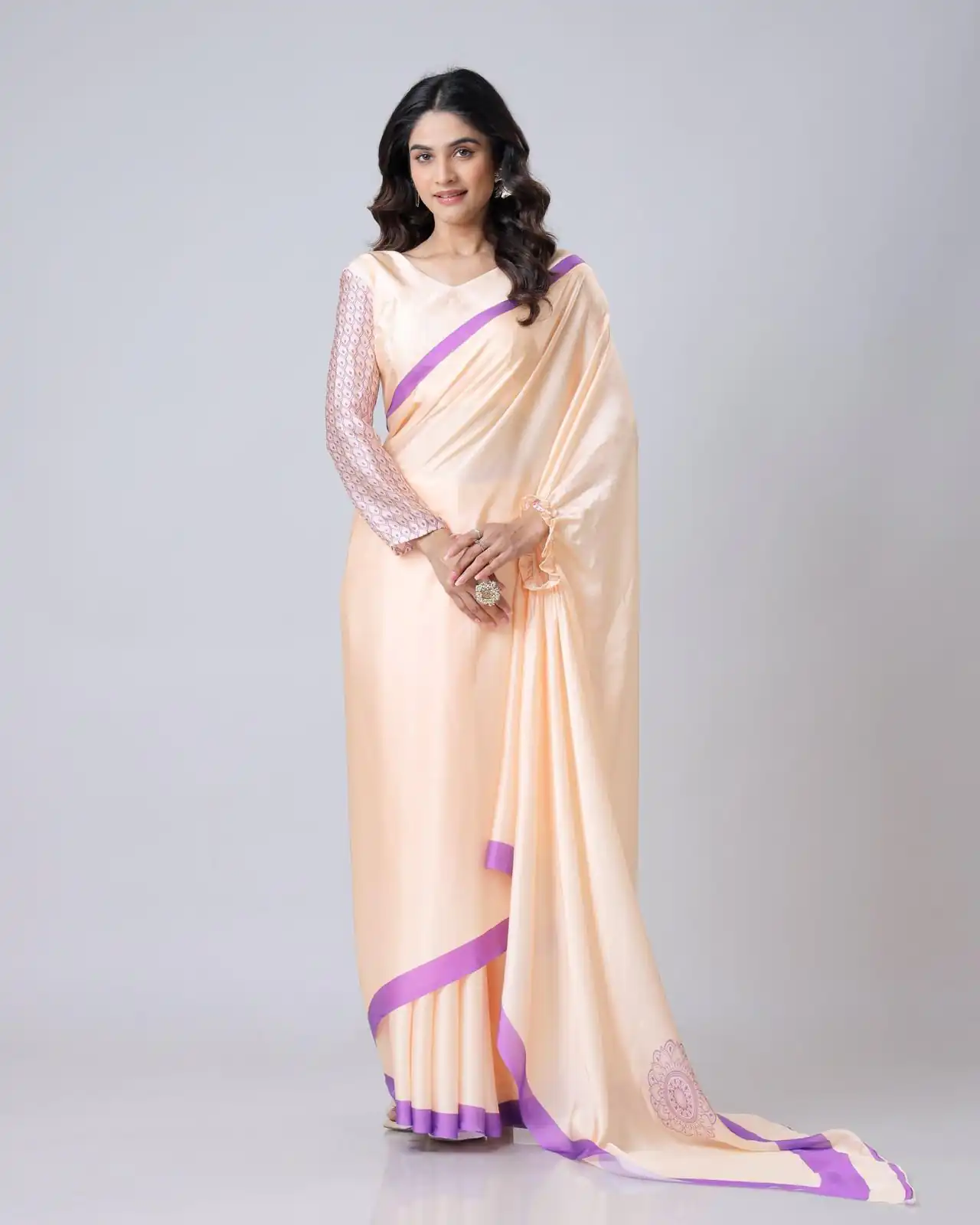 Light Peach Japan Satin Digital Print Work Saree | Sarees, Bollywood Sarees, Creative Sarees, Designer Sarees, Embroidered Sarees, Ethnic Saree, Modern Digital sarees, Party Wear Sarees