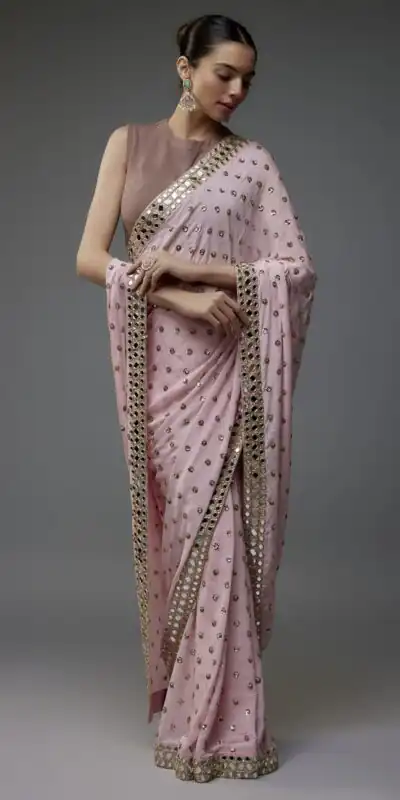 Light Pink Faux Georgette Mirror Sequins Work Saree | Sarees, Bollywood Sarees, Creative Sarees, Designer Sarees, Embroidered Sarees, Ethnic Saree, Modern Digital sarees, Party Wear Sarees