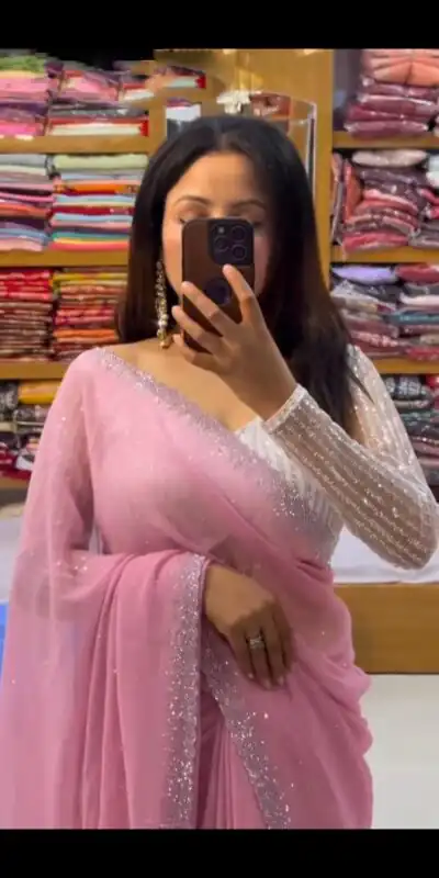Light Pink Georgette Hot Fix Stone Work Saree | Sarees, Bollywood Sarees, Creative Sarees, Designer Sarees, Embroidered Sarees, Ethnic Saree, Modern Digital sarees, Party Wear Sarees