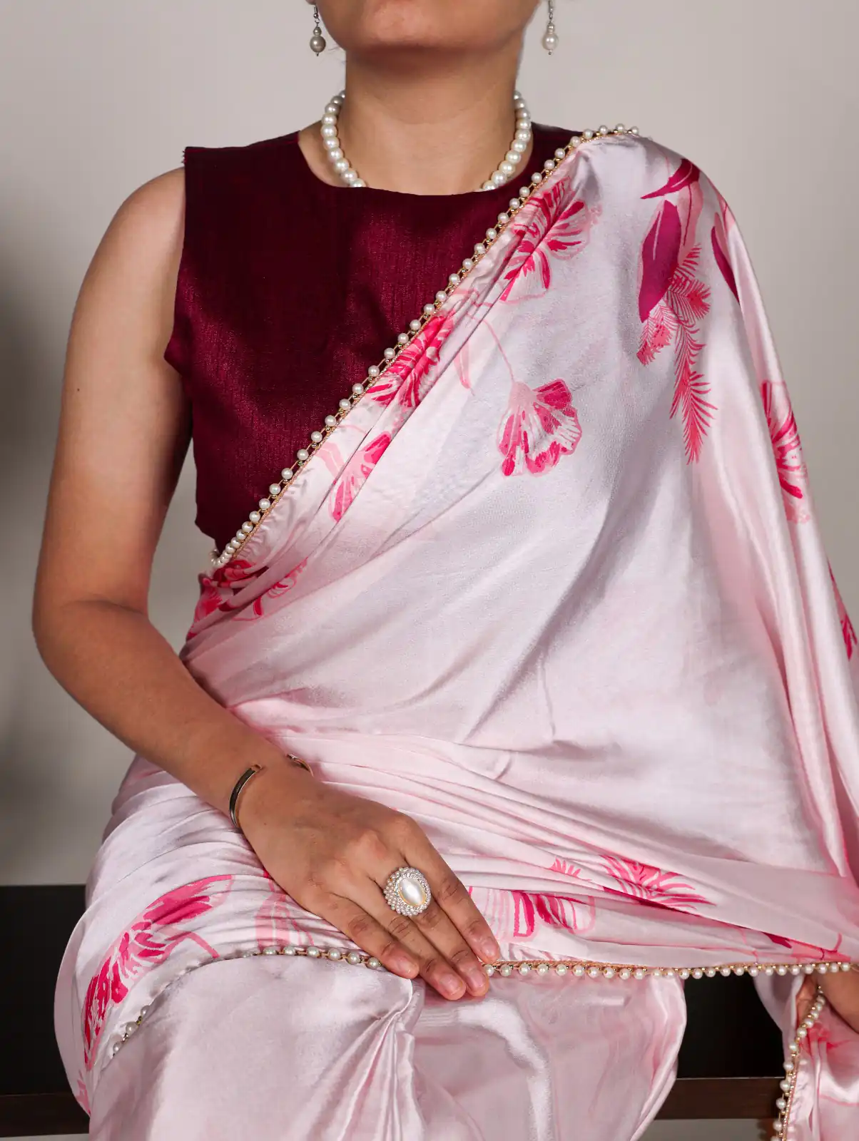 Light Pink Satin Silk Floral Printed Lace Border Saree | Sarees, Bollywood Sarees, Creative Sarees, Designer Sarees, Embroidered Sarees, Ethnic Saree, Modern Digital sarees, Party Wear Sarees