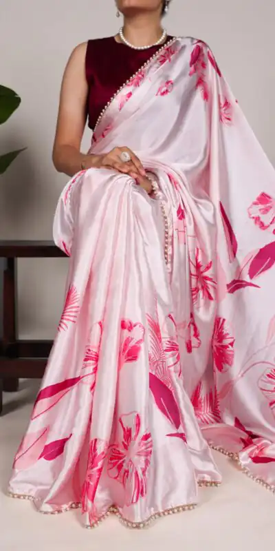 Light Pink Satin Silk Floral Printed Lace Border Saree | Sarees, Bollywood Sarees, Creative Sarees, Designer Sarees, Embroidered Sarees, Ethnic Saree, Modern Digital sarees, Party Wear Sarees