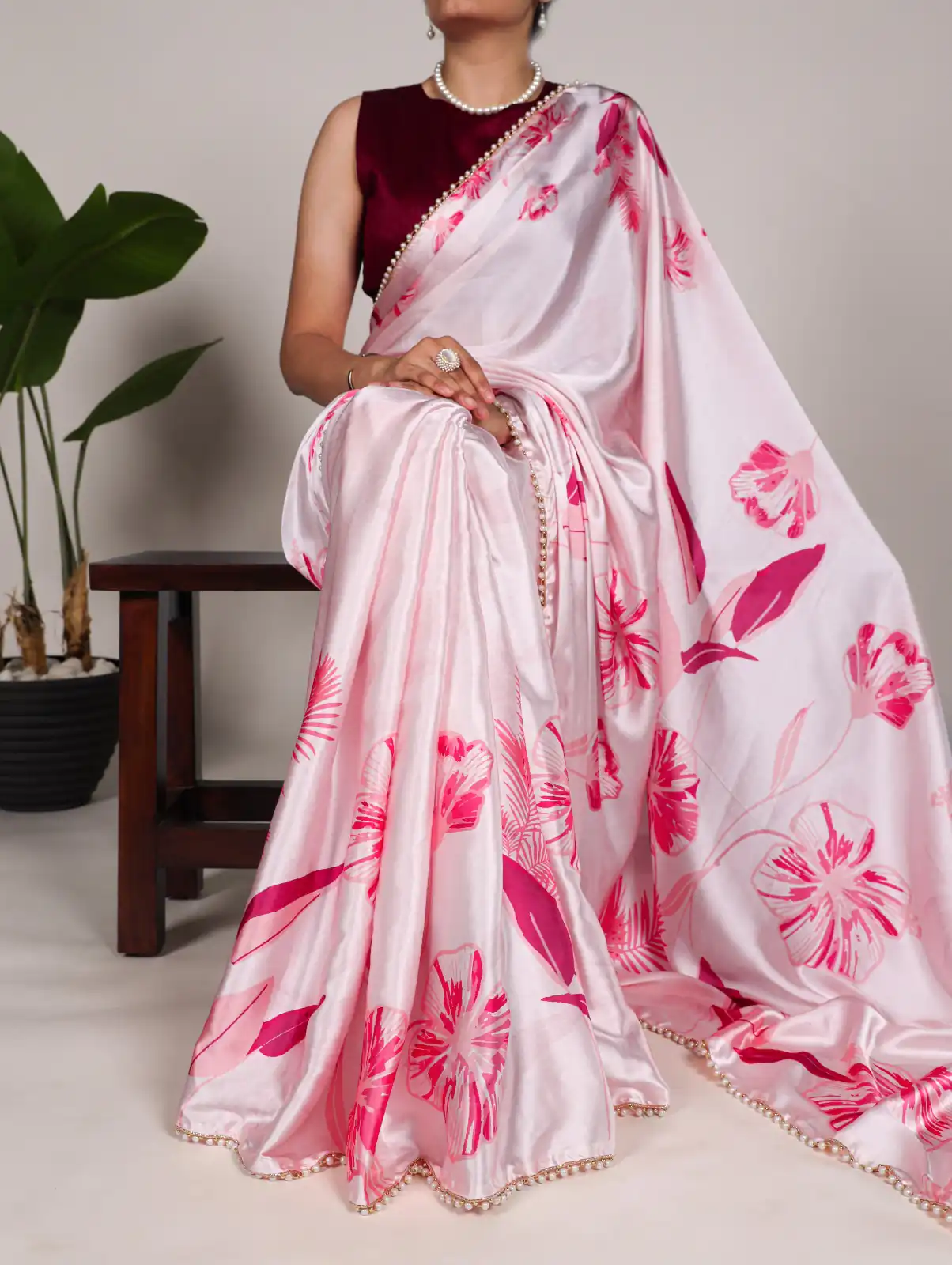 Light Pink Satin Silk Floral Printed Lace Border Saree | Sarees, Bollywood Sarees, Creative Sarees, Designer Sarees, Embroidered Sarees, Ethnic Saree, Modern Digital sarees, Party Wear Sarees