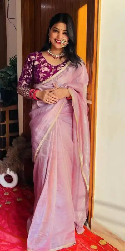 Light Pink Tissue Crush Silk Fabric With Fancy Lace Saree | Sarees, Bollywood Sarees, Creative Sarees, Designer Sarees, Embroidered Sarees, Ethnic Saree, Modern Digital sarees, Party Wear Sarees