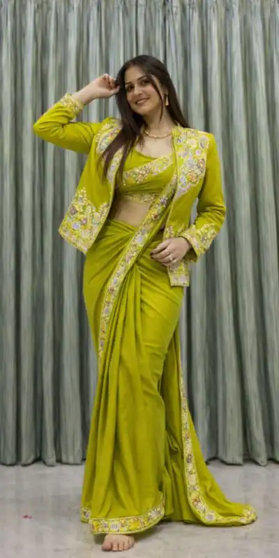 Lime Yellow Crap Silk Embroidery Work Saree | Sarees, Bollywood Sarees, Creative Sarees, Designer Sarees, Embroidered Sarees, Ethnic Saree, Modern Digital sarees, Party Wear Sarees