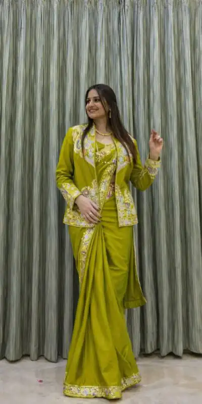 Lime Yellow Crap Silk Embroidery Work Saree | Sarees, Bollywood Sarees, Creative Sarees, Designer Sarees, Embroidered Sarees, Ethnic Saree, Modern Digital sarees, Party Wear Sarees