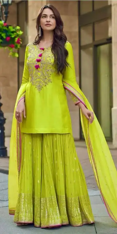 Lime Yellow Faux Georgette Embroidery Work Salwar Suit | Jump Suits, Salwar suit, Casual Suits, Creative suits, Designer Suits, Palazzo Suits, Party Wear Suits, Patiala Suits, Straight Suits