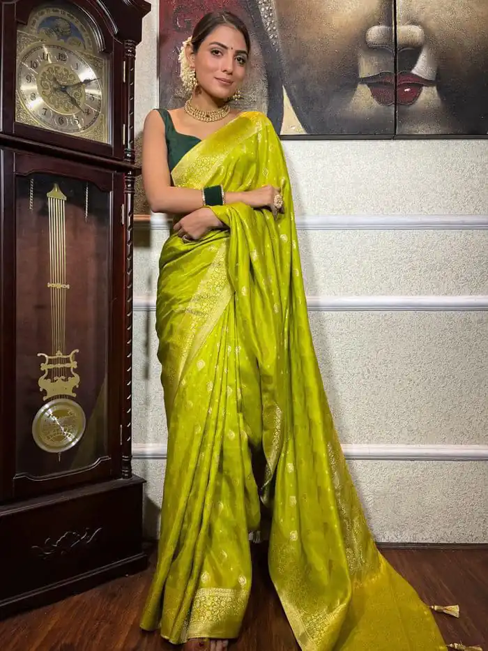 Lime Yellow Soft Lichi Silk Border Jacquard Work Saree | Sarees, Bollywood Sarees, Creative Sarees, Designer Sarees, Embroidered Sarees, Ethnic Saree, Modern Digital sarees, Party Wear Sarees
