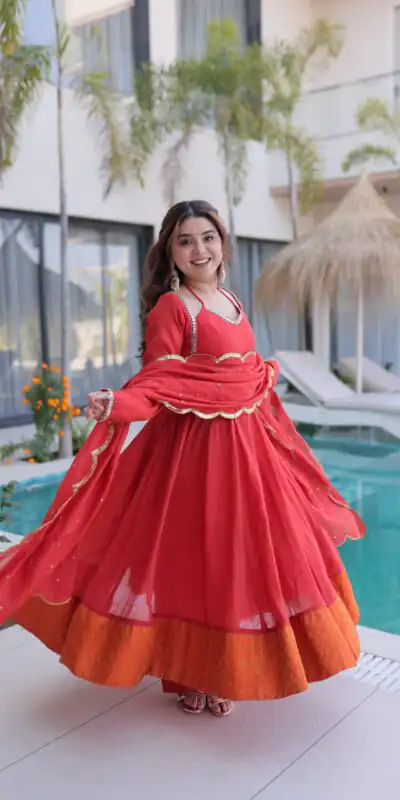 Lovely Red Mul Chanderi Mirror Lace Work Anarkali Suit | Anarkali Suits, Bollywood Anarkali, Creative-Anarkali, Designer Anarkali, Embroidered Anarkali, Party Wear Anarkali