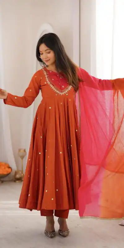 ZF 5023 Rust Roman Silk Gown with Mirror Work & Embroidery Work. Special Price βΉ2099. Delivery 4-6 Working Days. Shop now. | Gowns, Bollywood Gowns, Creative Gowns, Designer Gowns, Embroidered Gowns, Party Wear Gowns