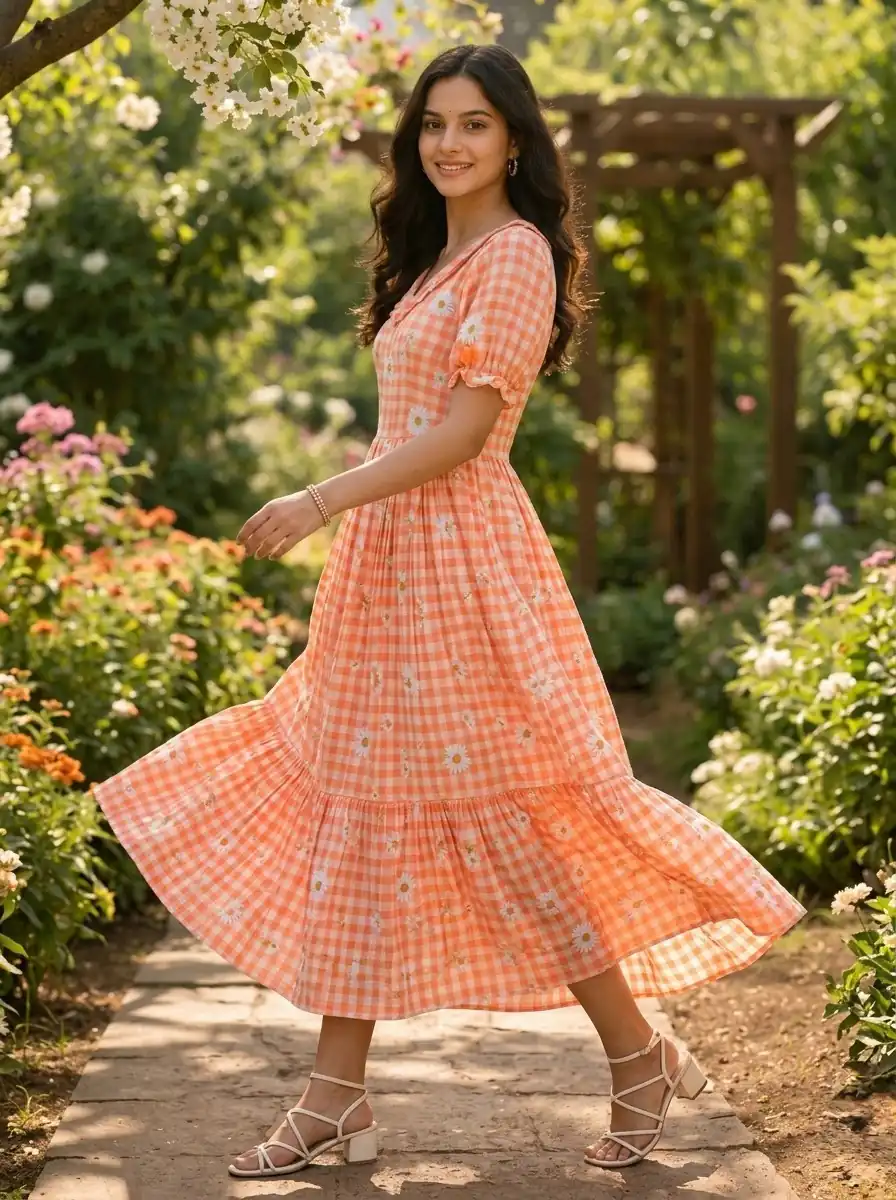 KA 1257 Peach Muslin Silk Gingham Printed Kurti with Designer Work. Special Price ₹1519. Delivery 4-6 Working Days. Shop now. | Kurti, Bollywood Kurti, Creative Kurtis, Designer Kurti, Party Wear Kurti, Selfie Kurti