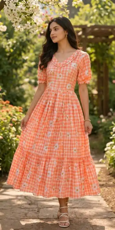 KA 1257 Peach Muslin Silk Gingham Printed Kurti with Designer Work. Special Price ₹1519. Delivery 4-6 Working Days. Shop now. | Kurti, Bollywood Kurti, Creative Kurtis, Designer Kurti, Party Wear Kurti, Selfie Kurti