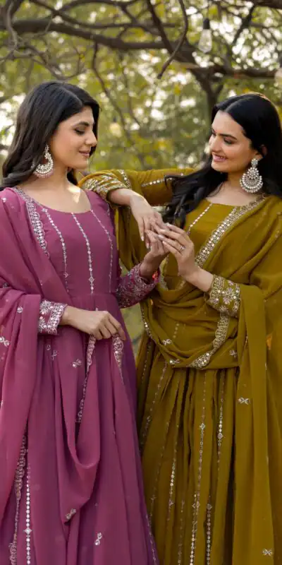 Mahendi Fox Georgette Embroidery Work Gown | Jump Suits, Salwar suit, Casual Suits, Creative suits, Designer Suits, Palazzo Suits, Party Wear Suits, Patiala Suits, Straight Suits