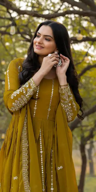 Mahendi Fox Georgette Embroidery Work Gown | Jump Suits, Salwar suit, Casual Suits, Creative suits, Designer Suits, Palazzo Suits, Party Wear Suits, Patiala Suits, Straight Suits