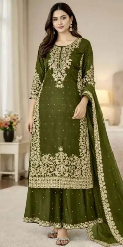 Mahendi Organza Silk Embroidery Work Salwar Suit | Jump Suits, Salwar suit, Casual Suits, Creative suits, Designer Suits, Palazzo Suits, Party Wear Suits, Patiala Suits, Straight Suits