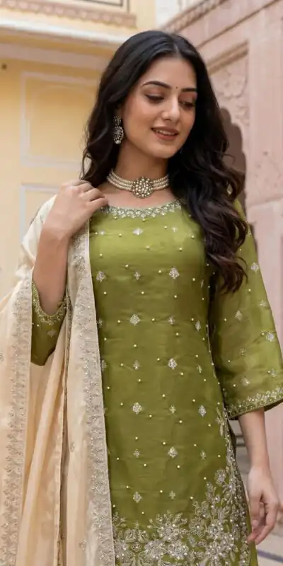 Mahendi Organza Silk Thread Work Salwar Suit | Jump Suits, Salwar suit, Casual Suits, Creative suits, Designer Suits, Palazzo Suits, Party Wear Suits, Patiala Suits, Straight Suits