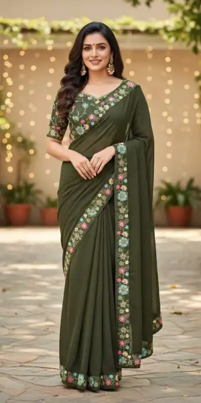 Mahendi Star Georgette Lace Embroidery Work Saree | Sarees, Bollywood Sarees, Creative Sarees, Designer Sarees, Embroidered Sarees, Ethnic Saree, Modern Digital sarees, Party Wear Sarees