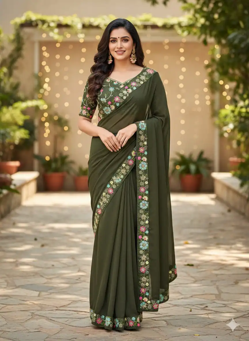 Mahendi Star Georgette Lace Embroidery Work Saree | Sarees, Bollywood Sarees, Creative Sarees, Designer Sarees, Embroidered Sarees, Ethnic Saree, Modern Digital sarees, Party Wear Sarees