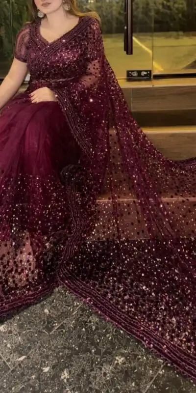 Majestic Wine Net Sequins Work Saree | Sarees, Bollywood Sarees, Creative Sarees, Designer Sarees, Embroidered Sarees, Ethnic Saree, Modern Digital sarees, Party Wear Sarees