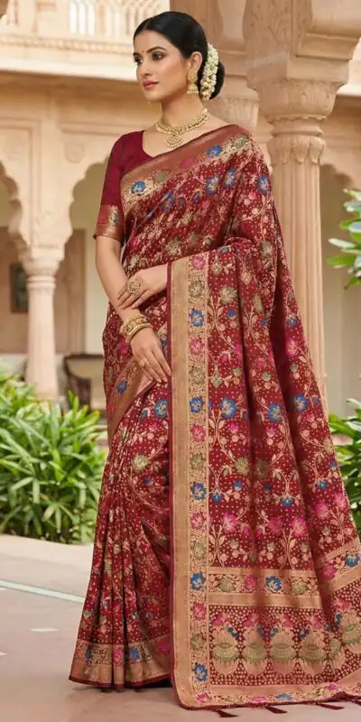 Maroon Banarasi Silk Zari Work All Over Saree | Sarees, Bollywood Sarees, Creative Sarees, Designer Sarees, Embroidered Sarees, Ethnic Saree, Modern Digital sarees, Party Wear Sarees