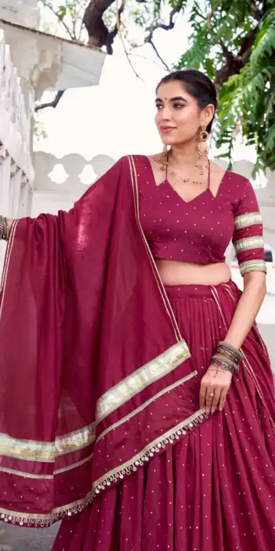 Maroon Chanderi Lace Zari Work Lehenga Choli | Lehenga, Bollywood Lehenga, Creative Lehenga, Designer Lehenga, Embroidered Lehenga, Party Wear Lehenga