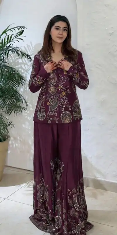 Maroon Chinon Sequence Work Salwar Suit | Jump Suits, Salwar suit, Casual Suits, Creative suits, Designer Suits, Palazzo Suits, Party Wear Suits, Patiala Suits, Straight Suits