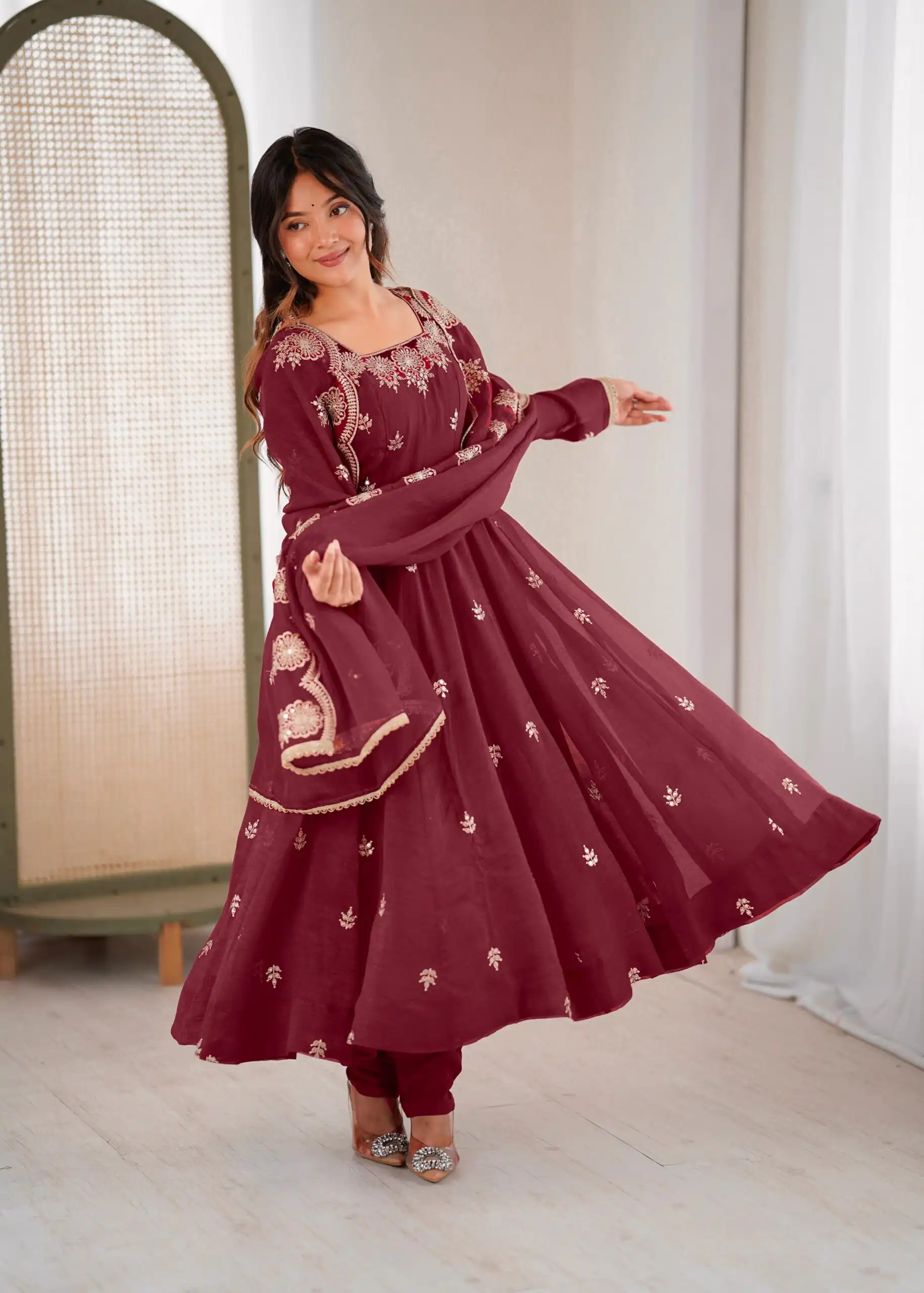 Maroon Crunchy Silk Embroidery Work Gown | Gowns, Bollywood Gowns, Creative Gowns, Designer Gowns, Embroidered Gowns, Party Wear Gowns