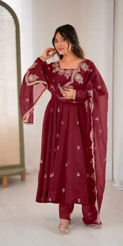 Maroon Crunchy Silk Embroidery Work Gown | Gowns, Bollywood Gowns, Creative Gowns, Designer Gowns, Embroidered Gowns, Party Wear Gowns