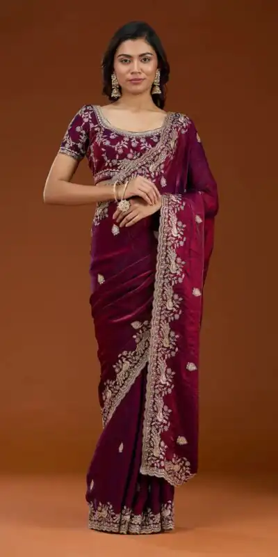 Maroon Fandy Satin Silk Embroidery Work Saree | Sarees, Bollywood Sarees, Creative Sarees, Designer Sarees, Embroidered Sarees, Ethnic Saree, Modern Digital sarees, Party Wear Sarees