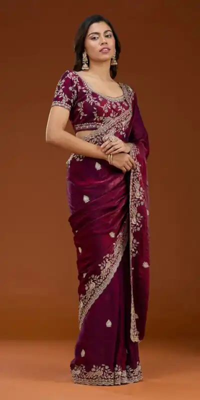 Maroon Fandy Satin Silk Embroidery Work Saree | Sarees, Bollywood Sarees, Creative Sarees, Designer Sarees, Embroidered Sarees, Ethnic Saree, Modern Digital sarees, Party Wear Sarees