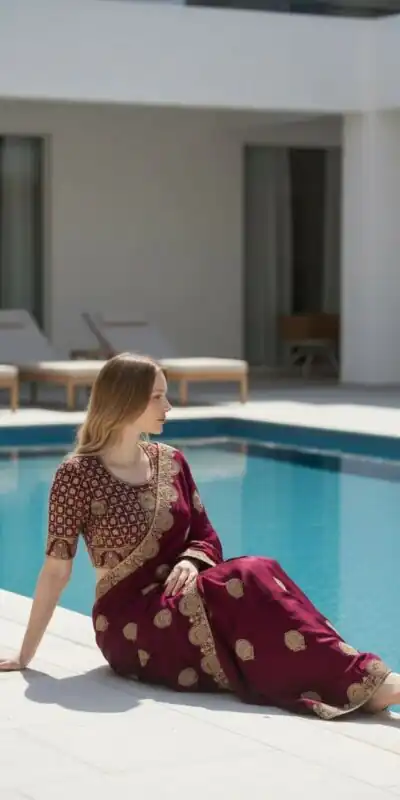 Maroon Fandy Satin Silk Embroidery Zari Work Saree | Sarees, Bollywood Sarees, Creative Sarees, Designer Sarees, Embroidered Sarees, Ethnic Saree, Modern Digital sarees, Party Wear Sarees