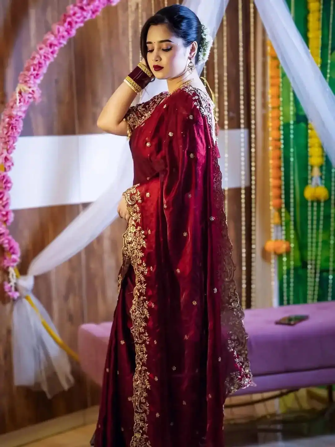 Maroon Fandy Satin Silk With Sequins Work Saree | Sarees, Bollywood Sarees, Creative Sarees, Designer Sarees, Embroidered Sarees, Ethnic Saree, Modern Digital sarees, Party Wear Sarees