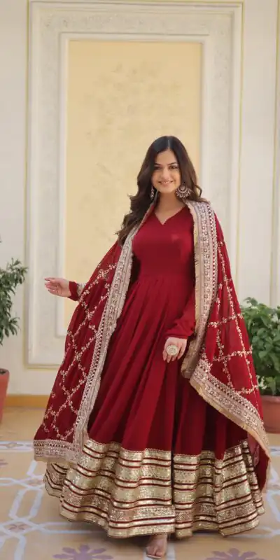 Maroon Faux Blooming Embroider Zari Gown | Gowns, Bollywood Gowns, Creative Gowns, Designer Gowns, Embroidered Gowns, Party Wear Gowns