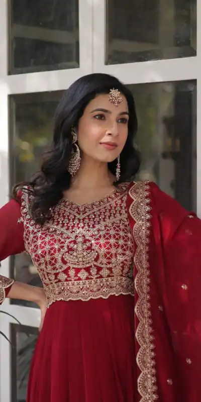 Maroon Faux Blooming Embroidery Zari Work Gown | Gowns, Bollywood Gowns, Creative Gowns, Designer Gowns, Embroidered Gowns, Party Wear Gowns