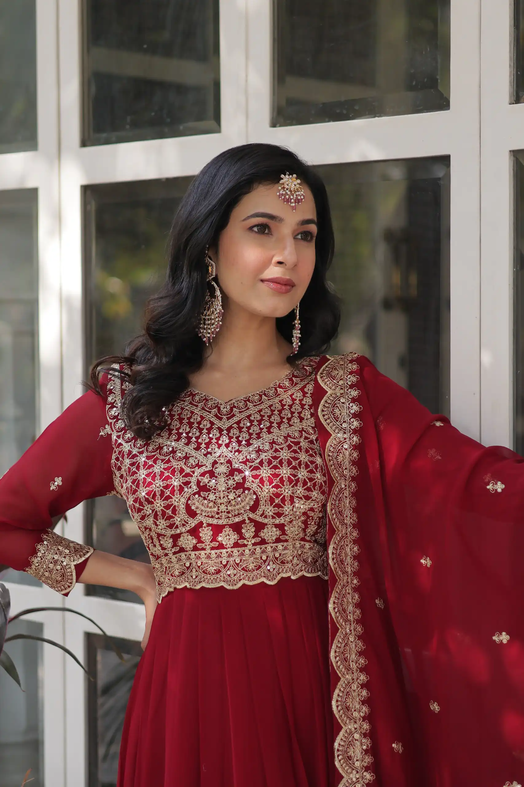 Maroon Faux Blooming Embroidery Zari Work Gown | Gowns, Bollywood Gowns, Creative Gowns, Designer Gowns, Embroidered Gowns, Party Wear Gowns