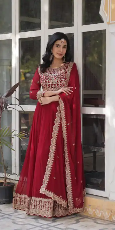 Maroon Faux Blooming Embroidery Zari Work Gown | Gowns, Bollywood Gowns, Creative Gowns, Designer Gowns, Embroidered Gowns, Party Wear Gowns