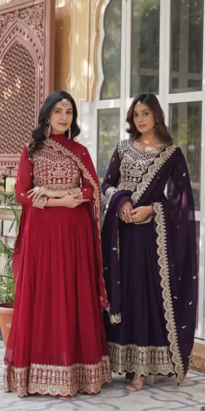 Maroon Faux Blooming Embroidery Zari Work Gown | Gowns, Bollywood Gowns, Creative Gowns, Designer Gowns, Embroidered Gowns, Party Wear Gowns