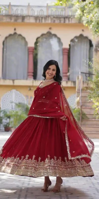 Maroon Faux Blooming Embroidery Zari Work Gown | Gowns, Bollywood Gowns, Creative Gowns, Designer Gowns, Embroidered Gowns, Party Wear Gowns