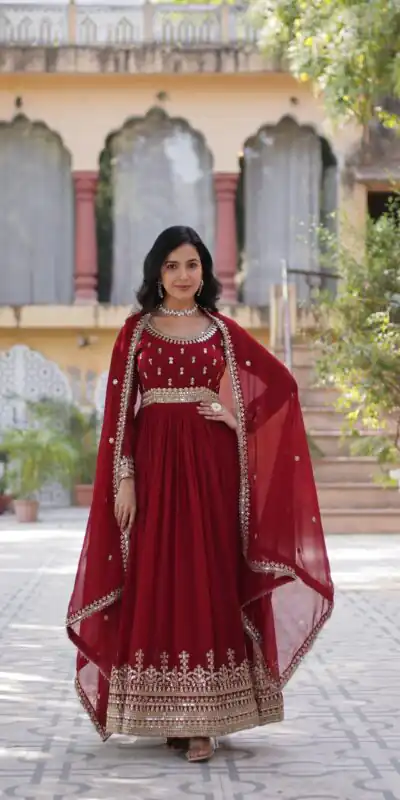Maroon Faux Blooming Embroidery Zari Work Gown | Gowns, Bollywood Gowns, Creative Gowns, Designer Gowns, Embroidered Gowns, Party Wear Gowns