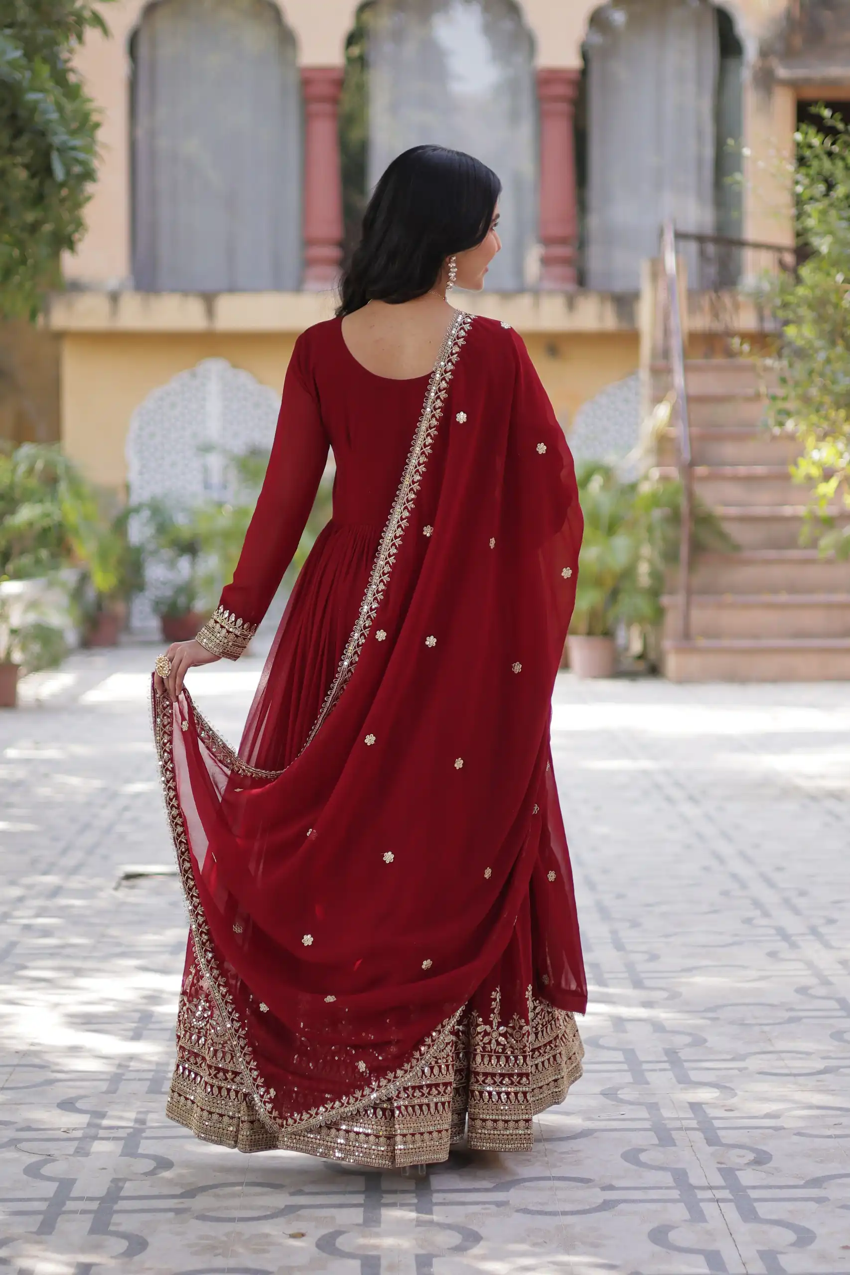 Maroon Faux Blooming Embroidery Zari Work Gown | Gowns, Bollywood Gowns, Creative Gowns, Designer Gowns, Embroidered Gowns, Party Wear Gowns