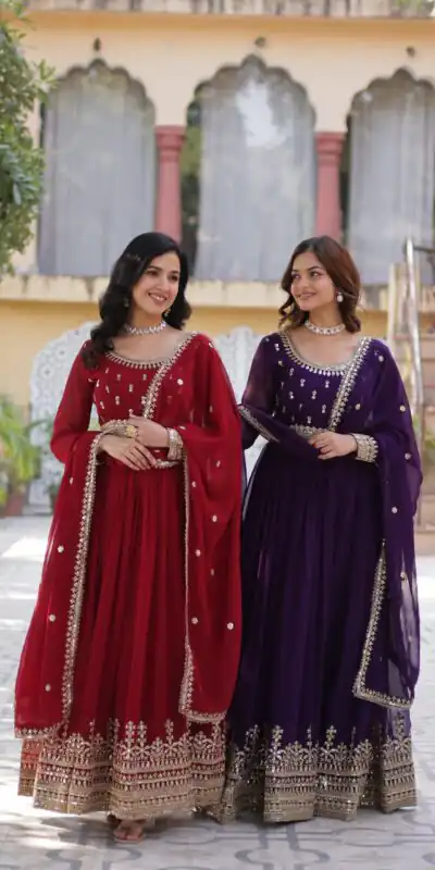 Maroon Faux Blooming Embroidery Zari Work Gown | Gowns, Bollywood Gowns, Creative Gowns, Designer Gowns, Embroidered Gowns, Party Wear Gowns