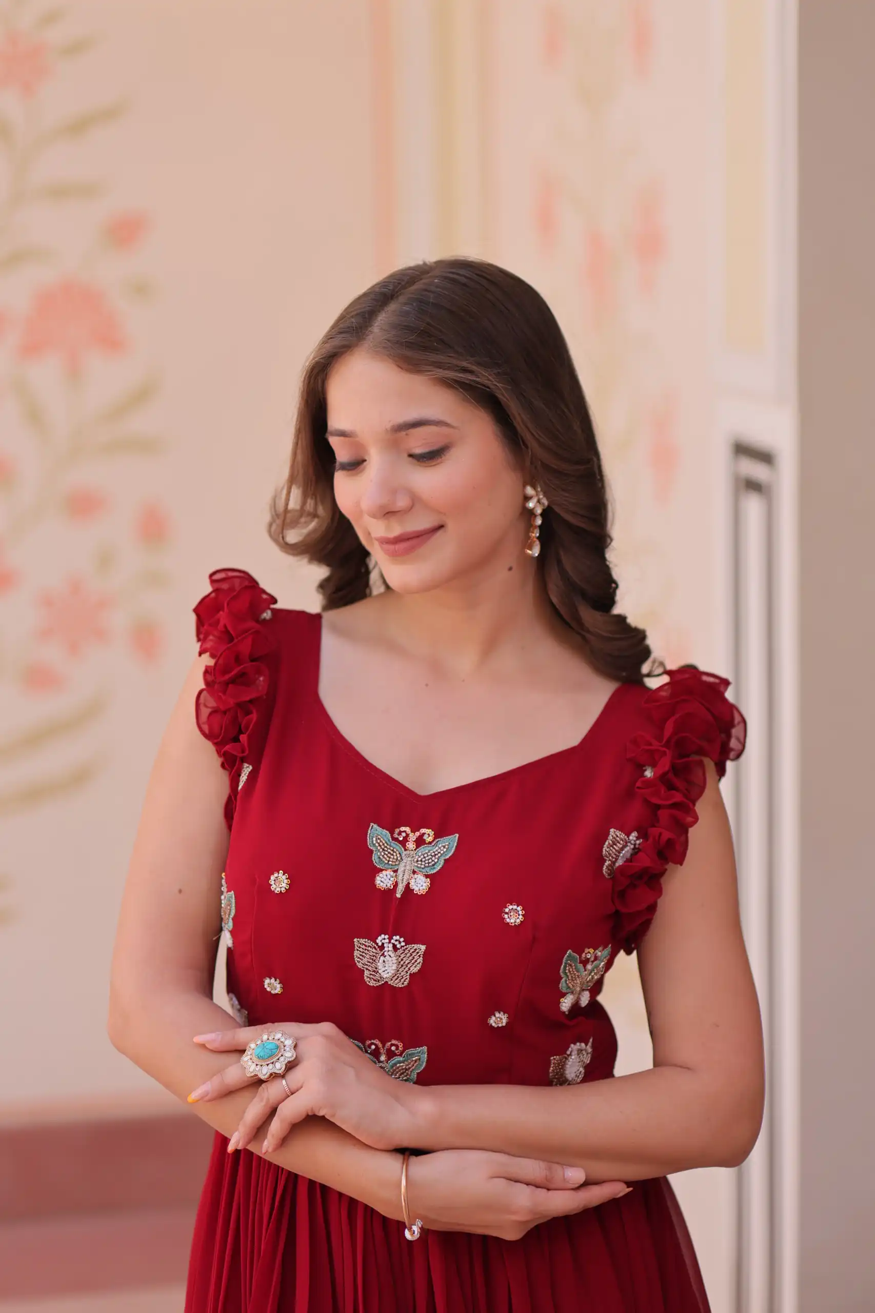 Maroon Faux Blooming Sequins Work Gown | Gowns, Bollywood Gowns, Creative Gowns, Designer Gowns, Embroidered Gowns, Party Wear Gowns
