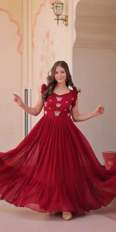 Maroon Faux Blooming Sequins Work Gown | Gowns, Bollywood Gowns, Creative Gowns, Designer Gowns, Embroidered Gowns, Party Wear Gowns