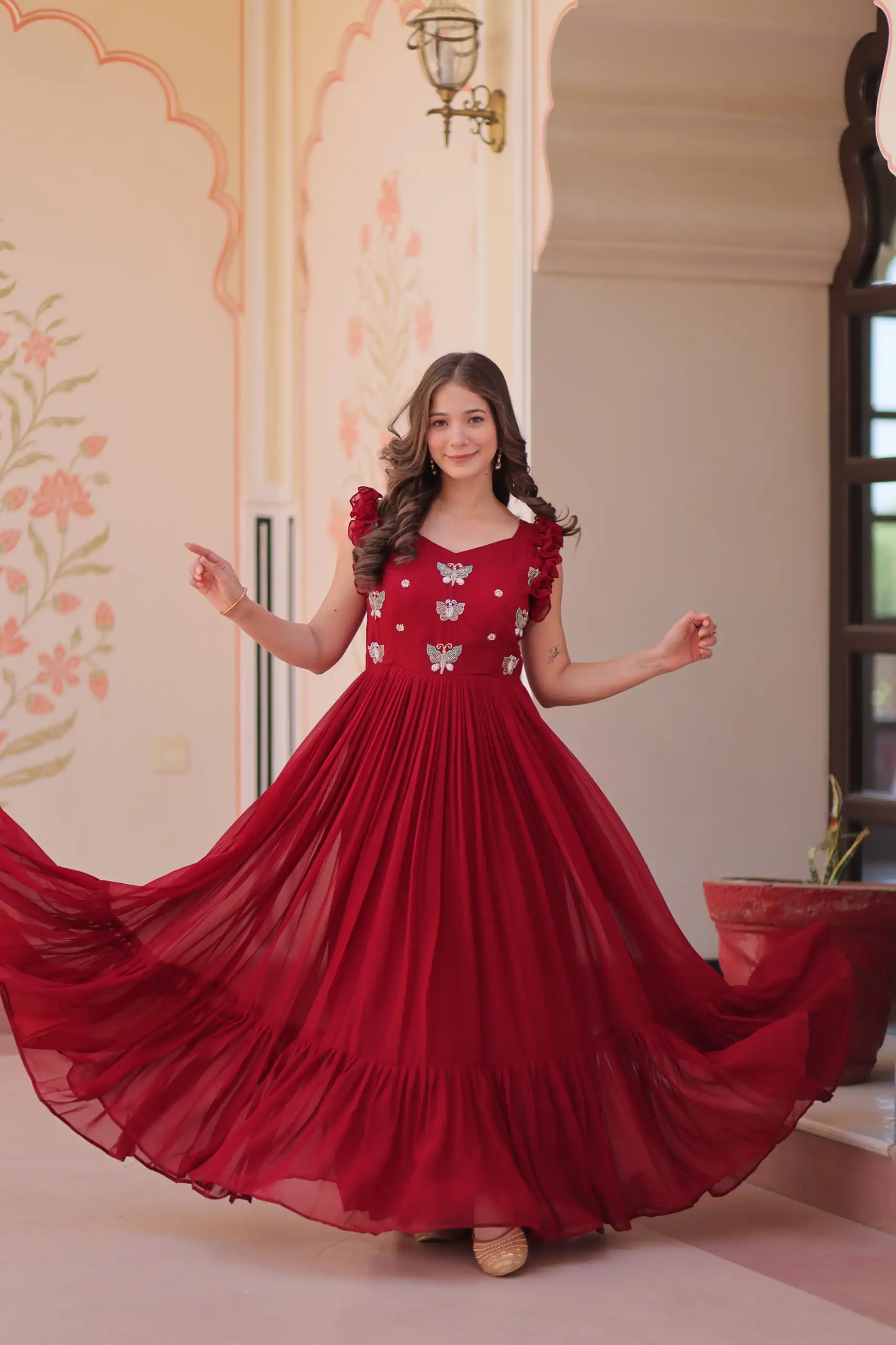 Maroon Faux Blooming Sequins Work Gown | Gowns, Bollywood Gowns, Creative Gowns, Designer Gowns, Embroidered Gowns, Party Wear Gowns